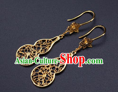 Chinese Ancient Queen Filigree Ear Jewelry Traditional Ming Dynasty Golden Gourd Earrings Accessories