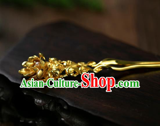 Chinese Ancient Court Woman Pearl Hair Stick Traditional Ming Dynasty Wedding Golden Hairpin