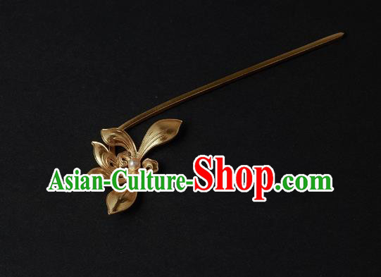 Chinese Ancient Princess Golden Mangnolia Hairpin Handmade Traditional Ming Dynasty Hair Accessories