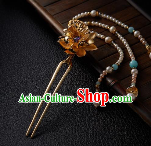 Chinese Traditional Tang Dynasty Golden Lotus Hair Stick Ancient Princess Pearls Tassel Hairpin