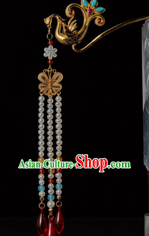 Chinese Ancient Empress Tassel Hairpin Traditional Ming Dynasty Golden Phoenix Hair Stick