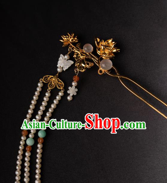 Chinese Ancient Song Dynasty Empress Golden Lotus Hairpin Traditional Hanfu Pearls Tassel Hair Stick