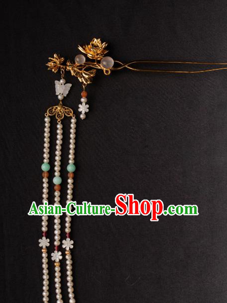 Chinese Ancient Song Dynasty Empress Golden Lotus Hairpin Traditional Hanfu Pearls Tassel Hair Stick