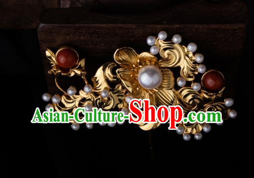 Chinese Ancient Ming Dynasty Princess Golden Hairpin Traditional Hanfu Pearls Hair Comb