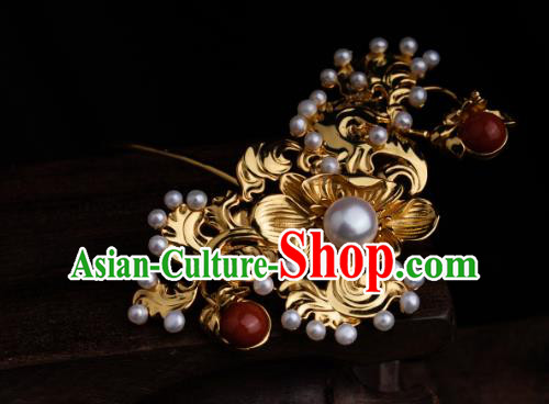 Chinese Ancient Ming Dynasty Princess Golden Hairpin Traditional Hanfu Pearls Hair Comb
