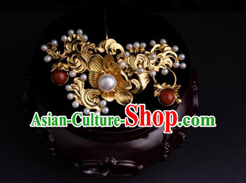Chinese Ancient Ming Dynasty Princess Golden Hairpin Traditional Hanfu Pearls Hair Comb