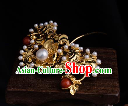 Chinese Ancient Ming Dynasty Princess Golden Hairpin Traditional Hanfu Pearls Hair Comb