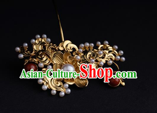 Chinese Ancient Ming Dynasty Princess Golden Hairpin Traditional Hanfu Pearls Hair Comb