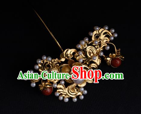 Chinese Ancient Ming Dynasty Princess Golden Hairpin Traditional Hanfu Pearls Hair Comb