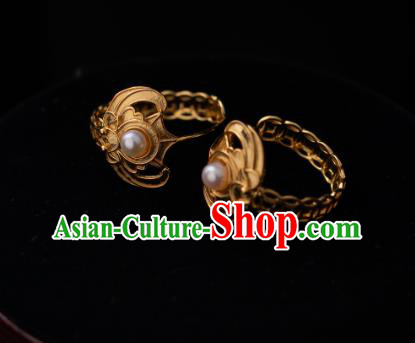Chinese Traditional Qing Dynasty Empress Golden Bat Earrings Accessories Ancient Court Lady Pearls Ear Jewelry