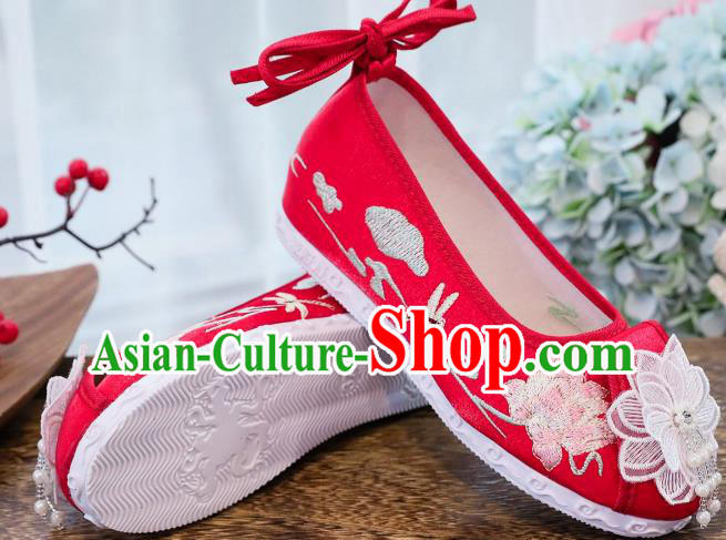 China Embroidered Lotus Shoes Traditional Hanfu Shoes Handmade National Red Cloth Shoes