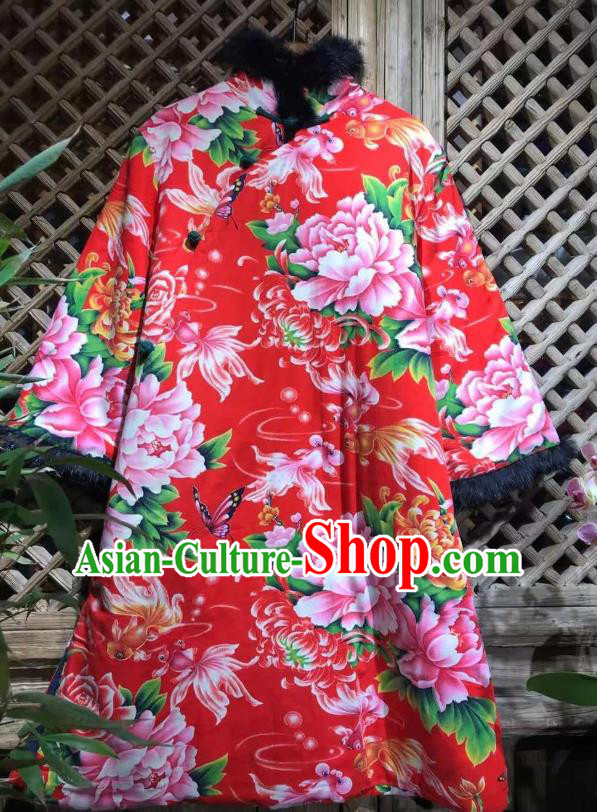China Traditional Printing Peony Red Cloth Jacket National Upper Outer Garment Costume
