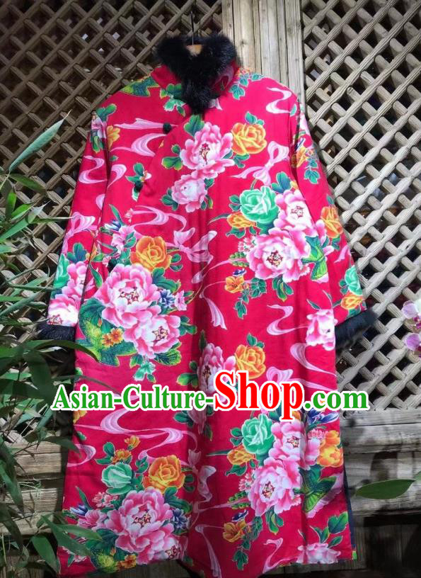 China National Upper Outer Garment Winter Costume Traditional Printing Peony Cotton Padded Jacket