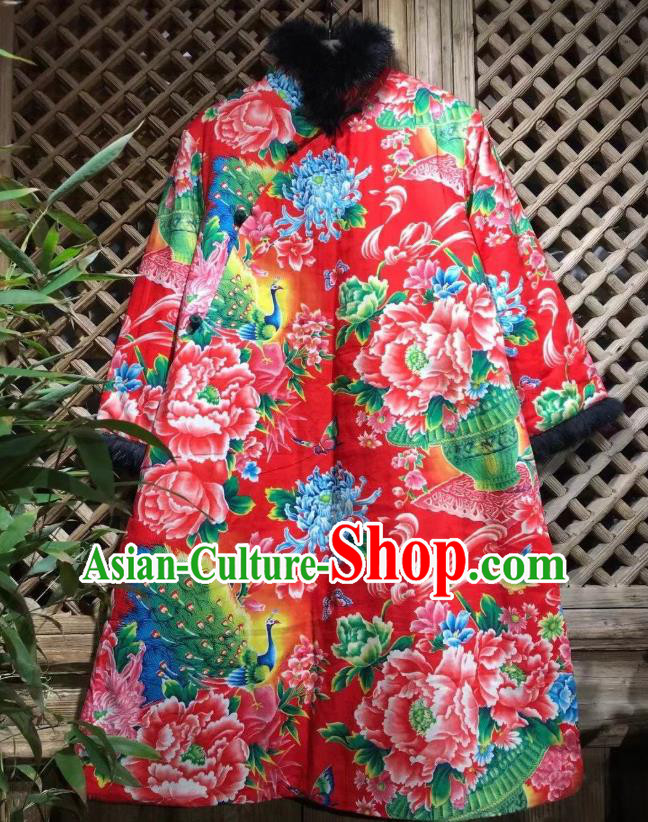 China Traditional Printing Peacock Peony Cotton Padded Coat National Wedding Upper Outer Garment Winter Costume