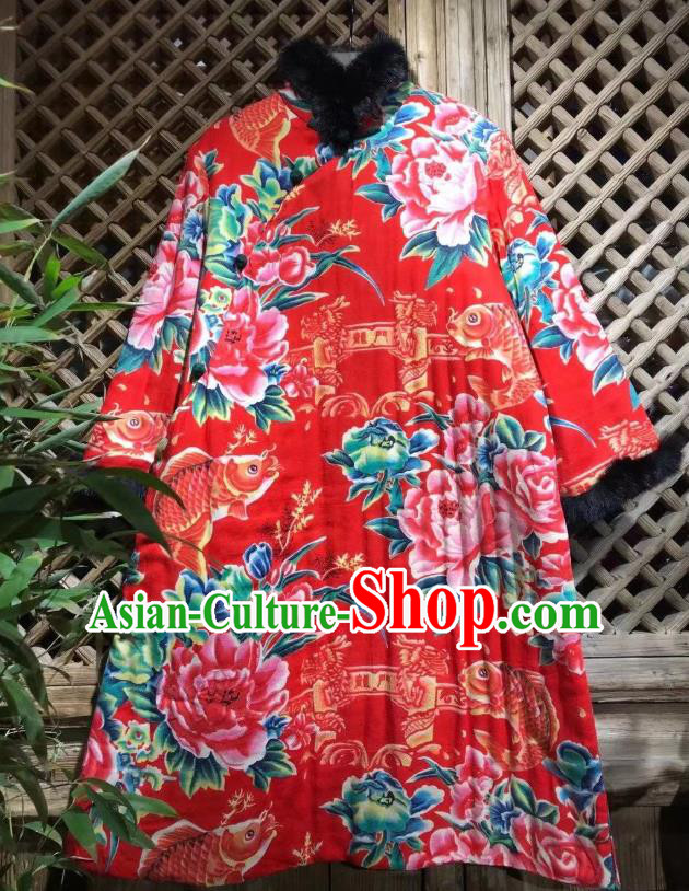 China Tang Suit Costume Traditional Printing Carp Peony Cotton Padded Coat National Wedding Upper Outer Garment