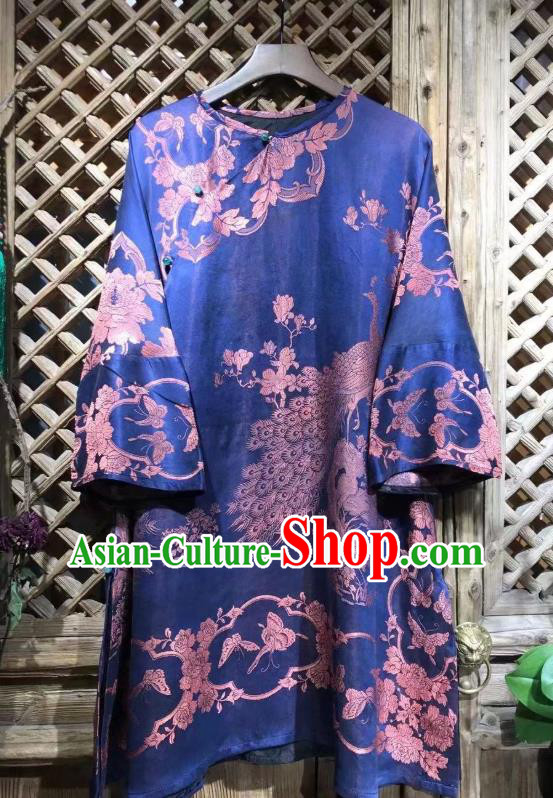 China Traditional Peacock Pattern Blue Silk Shirt National Upper Outer Garment Tang Suit Costume