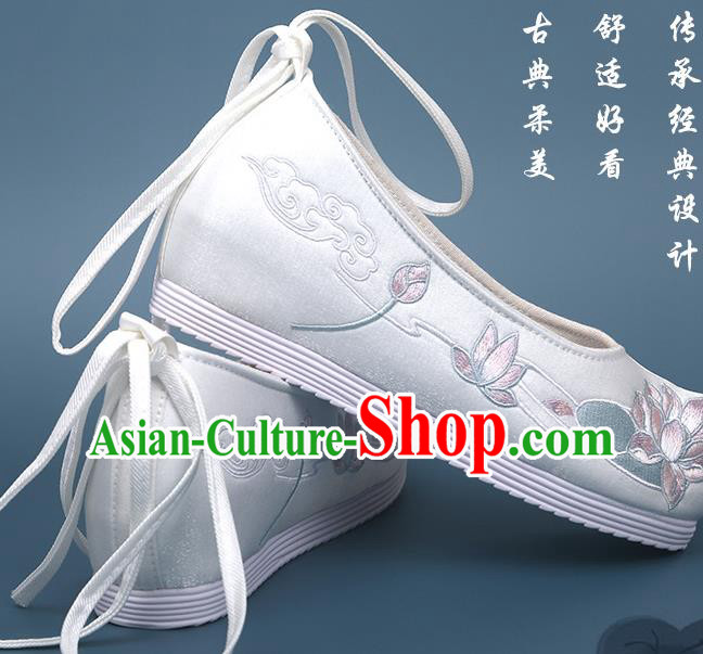 China Traditional Shoes Handmade National White Satin Shoes Embroidered Lotus Shoes Hanfu Bow Shoes