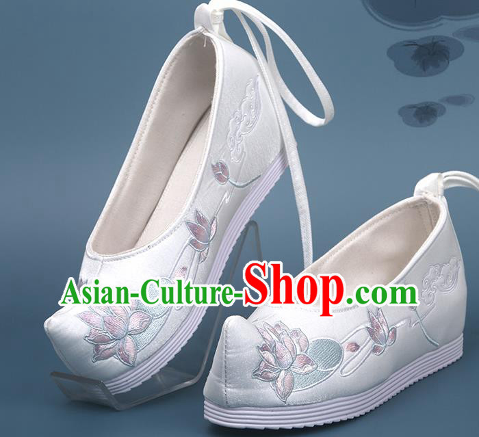 China Traditional Shoes Handmade National White Satin Shoes Embroidered Lotus Shoes Hanfu Bow Shoes
