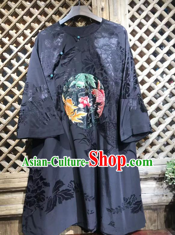 China Traditional Peony Pattern Navy Silk Shirt Embroidered Lotus Fish Blouse National Tang Suit Upper Outer Garment Costume