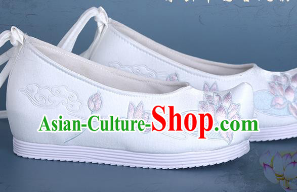 China Traditional Shoes Handmade National White Satin Shoes Embroidered Lotus Shoes Hanfu Bow Shoes