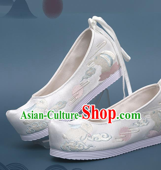 China Hanfu Bow Shoes Traditional Shoes Handmade National White Satin Shoes Embroidered Moon Rabbit Shoes