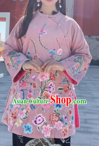 China Embroidered Flowers Cotton Padded Jacket Traditional National Tang Suit Upper Outer Garment