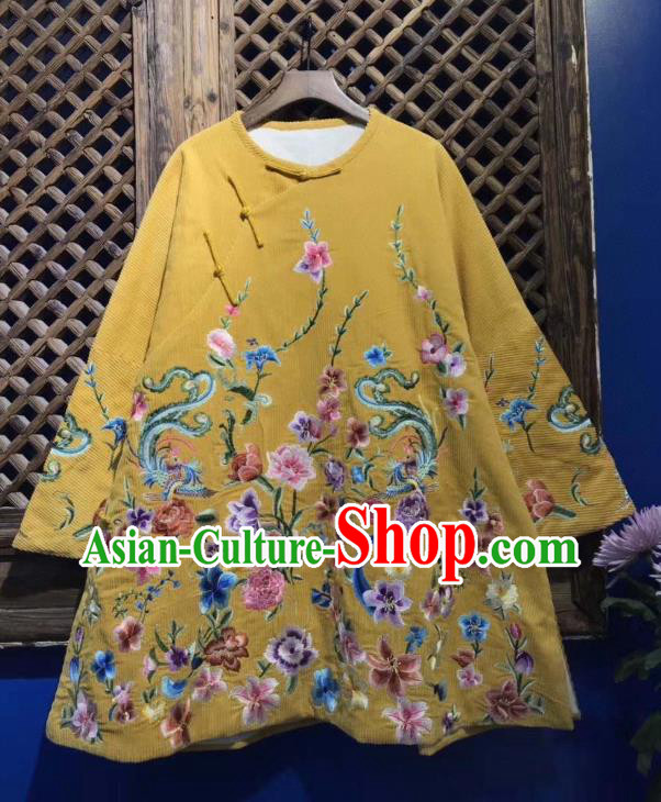 China National Tang Suit Upper Outer Garment Traditional Yellow Coat Embroidered Flowers Cotton Padded Jacket