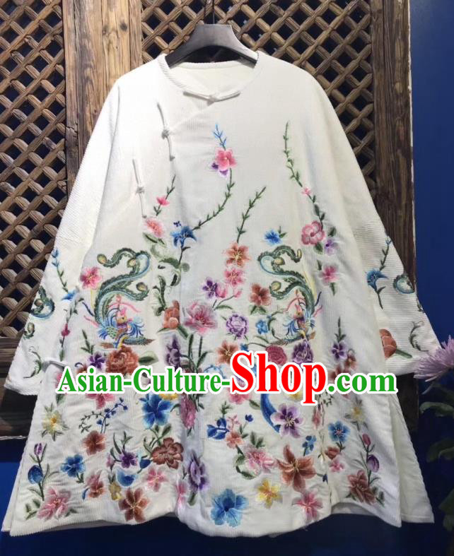 China National Tang Suit Upper Outer Garment White Coat Traditional Embroidered Flowers Cotton Padded Jacket