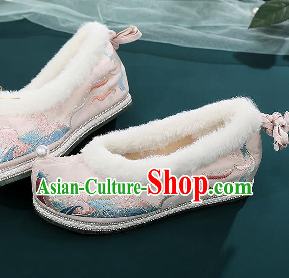 China Traditional Winter Shoes Handmade National Pink Cloth Shoes Embroidered Shoes Hanfu Bow Shoes
