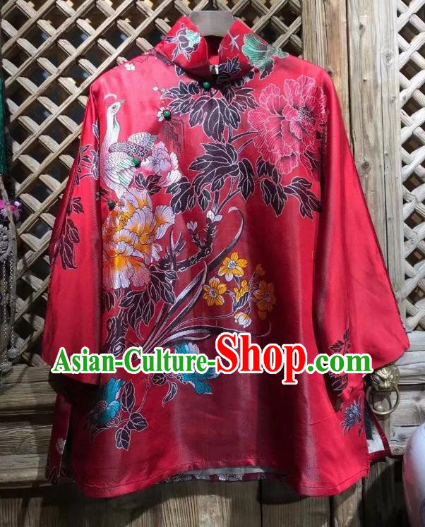 China Traditional Red Silk Jacket National Tang Suit Upper Outer Garment Classical Peacock Pattern Coat