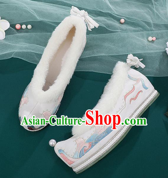 China Embroidered Shoes Hanfu Bow Shoes Traditional Winter Shoes Handmade National White Cloth Shoes