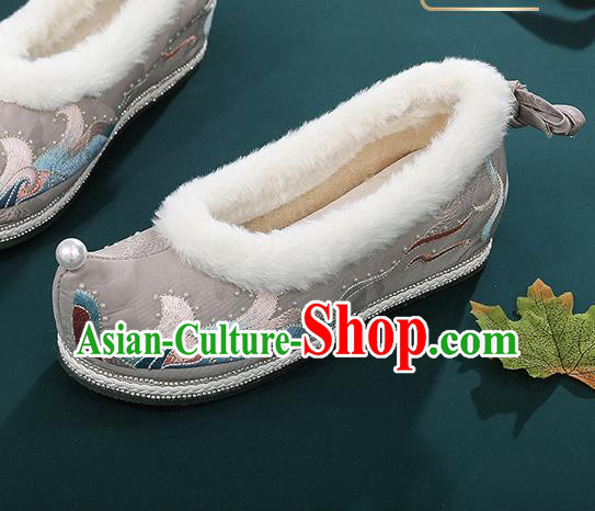 China Handmade National Grey Cloth Shoes Embroidered Shoes Hanfu Bow Shoes Traditional Winter Shoes