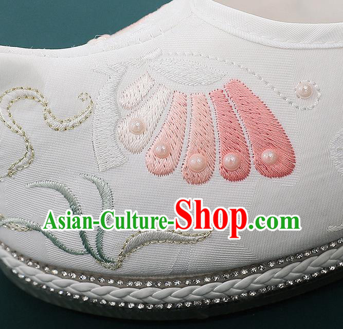 China Embroidered Butterfly Shoes Hanfu Bow Shoes Handmade National White Cloth Shoes Traditional Ming Dynasty Shoes