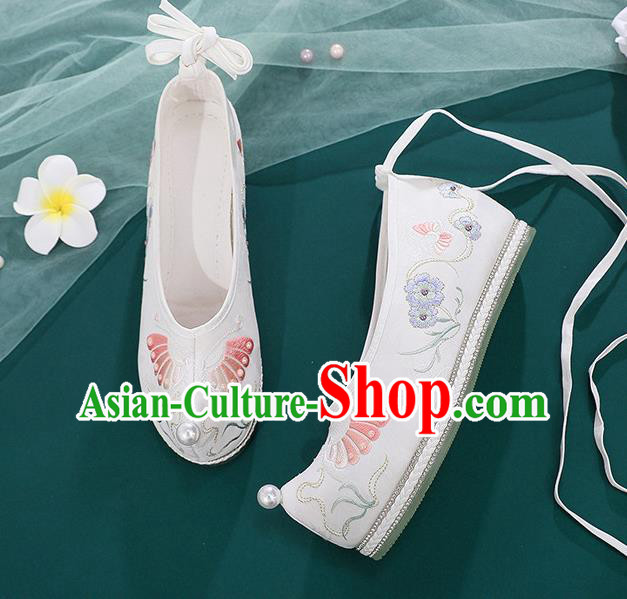 China Embroidered Butterfly Shoes Hanfu Bow Shoes Handmade National White Cloth Shoes Traditional Ming Dynasty Shoes