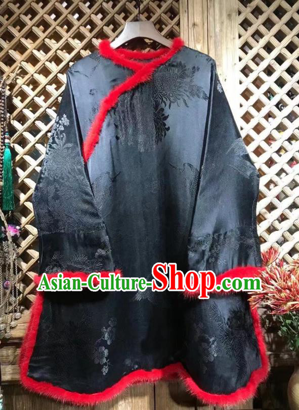China National Tang Suit Outer Garment Classical Chrysanthemum Pattern Coat Traditional Black Silk Cotton Wadded Jacket