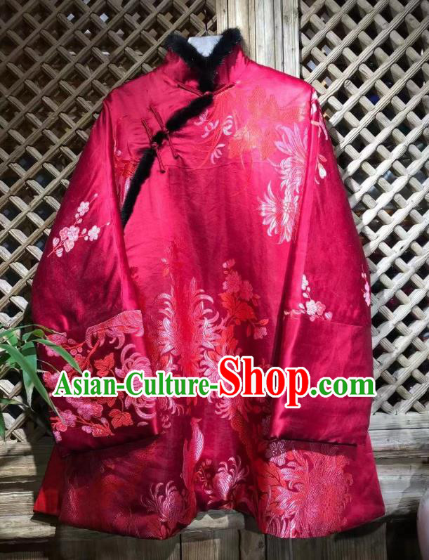 China Traditional Chrysanthemum Pattern Jacket National Tang Suit Outer Garment Rosy Silk Cotton Wadded Coat