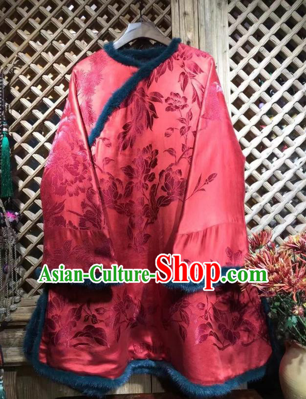 China Traditional Flowers Pattern Jacket National Tang Suit Outer Garment Red Silk Cotton Wadded Coat