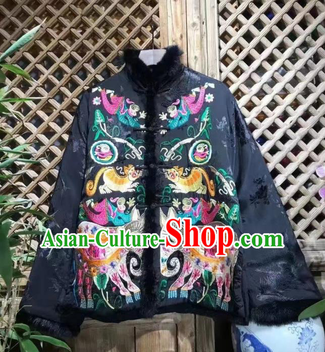 China Traditional Embroidered Jacket National Outer Garment Tang Suit Black Silk Cotton Padded Coat
