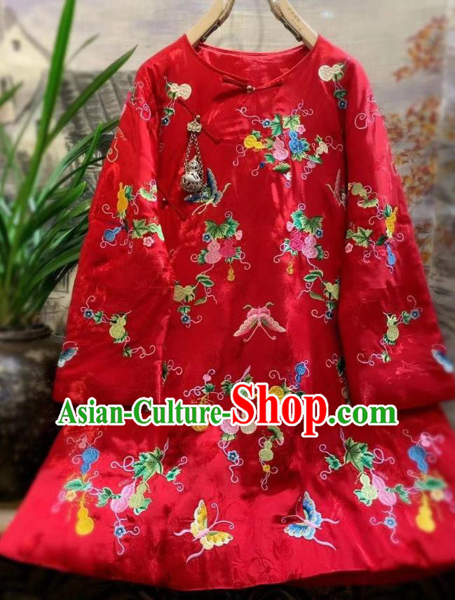 China Traditional Embroidered Butterfly Jacket National Outer Garment Tang Suit Red Satin Cotton Padded Coat