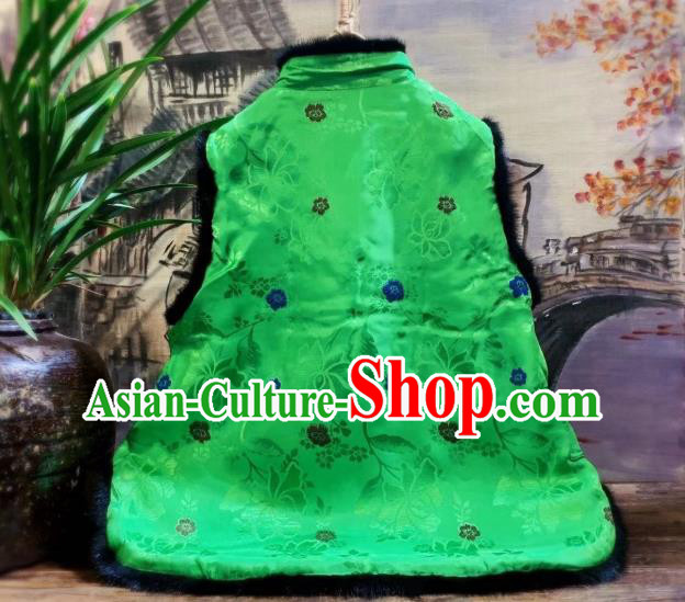 China Women Upper Outer Garment Clothing Tang Suit Green Silk Waistcoat National Winter Vest