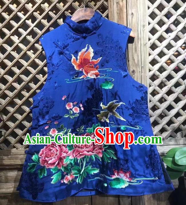 Republic of China Embroidered Peony Vest Clothing Tang Suit Royalblue Silk Waistcoat