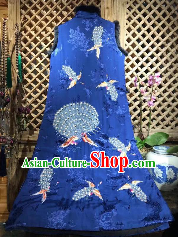 Chinese National Royalblue Silk Qipao Dress Traditional Embroidered Peacock Cheongsam Clothing