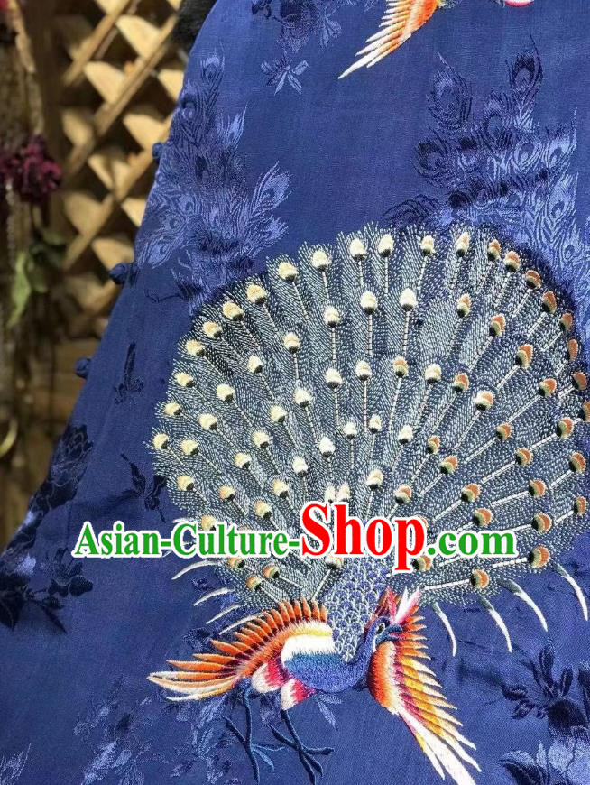 Chinese National Royalblue Silk Qipao Dress Traditional Embroidered Peacock Cheongsam Clothing