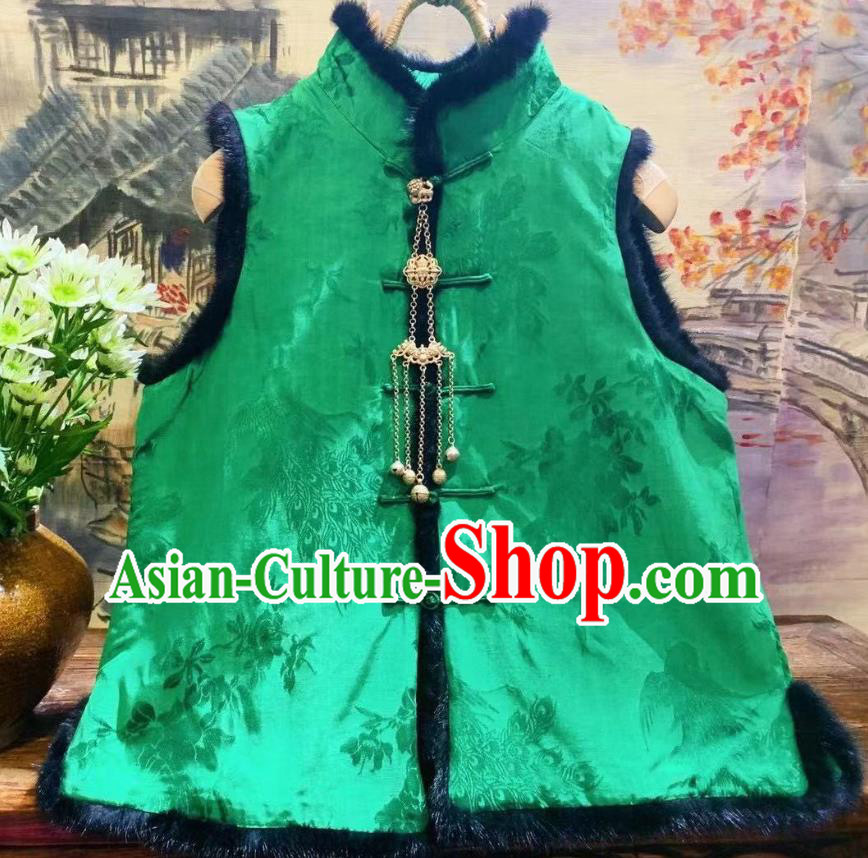 China National Women Upper Outer Garment Winter Clothing Peacock Pattern Silk Vest Tang Suit Green Waistcoat