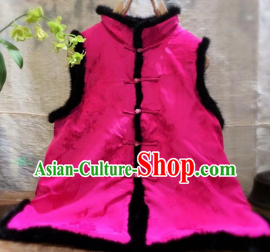China National Women Upper Outer Garment Winter Clothing Peacock Pattern Silk Vest Tang Suit Rosy Waistcoat