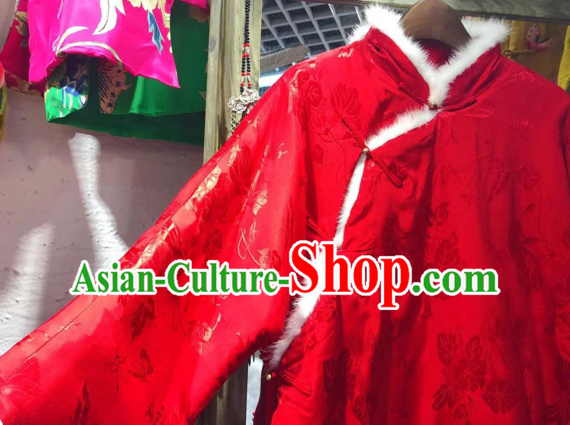 China Traditional Silk Jacket National Outer Garment Tang Suit Red Cotton Padded Coat