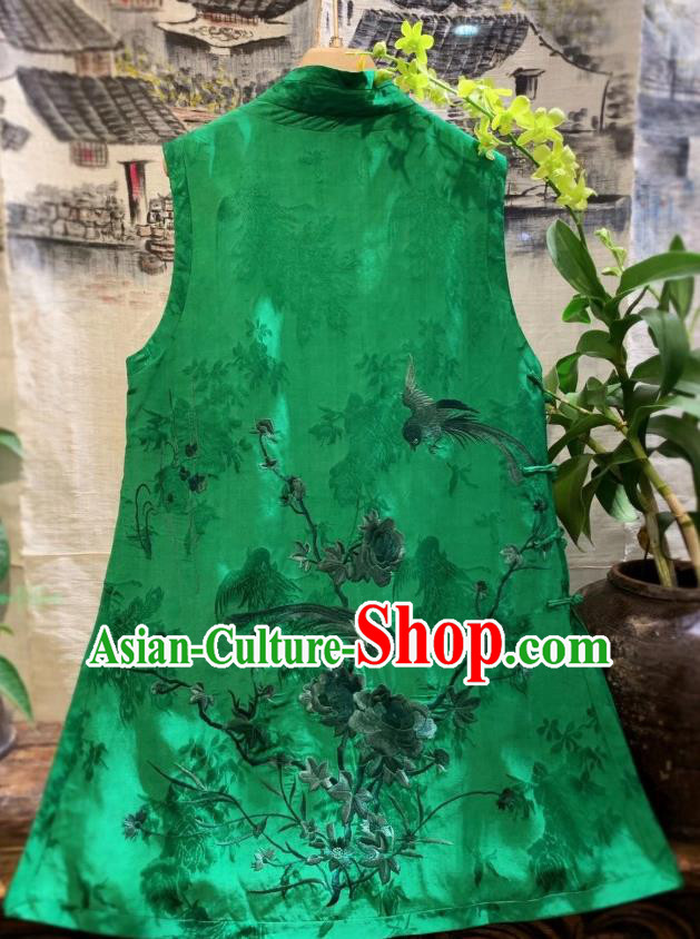 China Embroidered Phoenix Vest Tang Suit Green Silk Waistcoat National Clothing