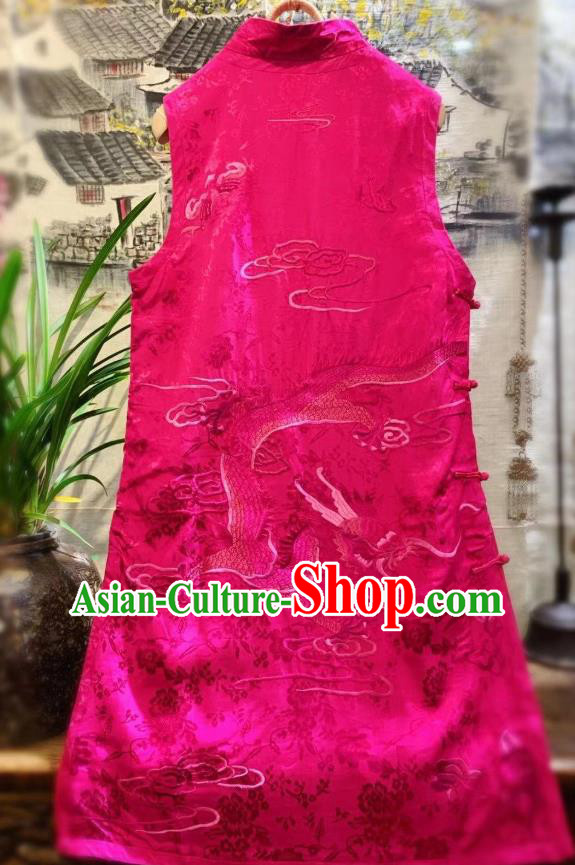 China Embroidered Goldfish Long Vest Tang Suit Rosy Silk Waistcoat National Women Clothing