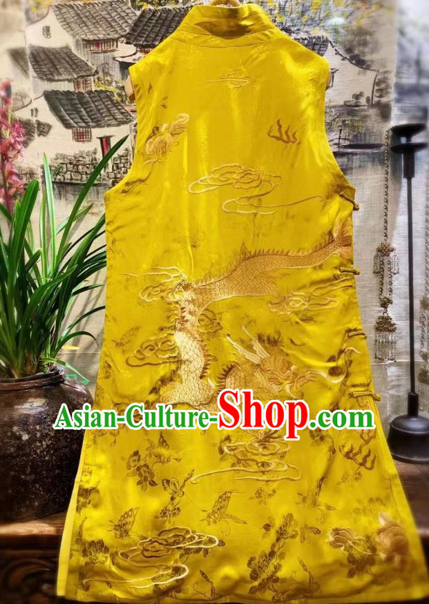 China National Female Clothing Embroidered Goldfish Long Vest Tang Suit Yellow Silk Waistcoat