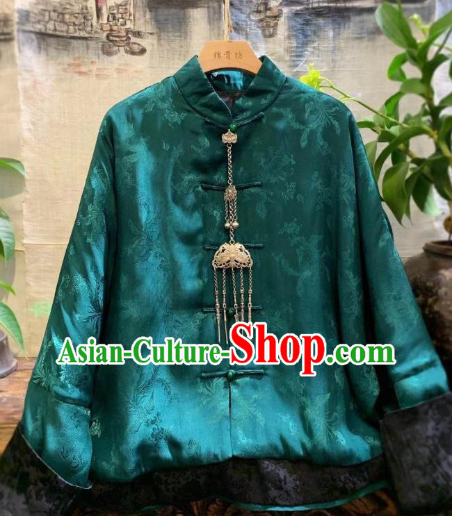 China Traditional Green Silk Jacket National Outer Garment Tang Suit Cotton Padded Coat
